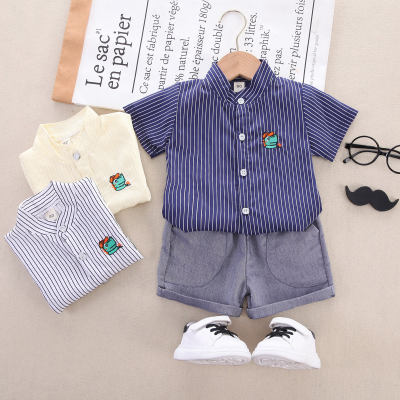 2-piece Toddler Boy Striped Dinosaur Printed Short Sleeve Shirt & Solid Color Shorts