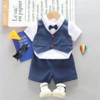 Camisa infantil de verão cor sólida cavalheiro colete manga curta terno de duas peças  Azul