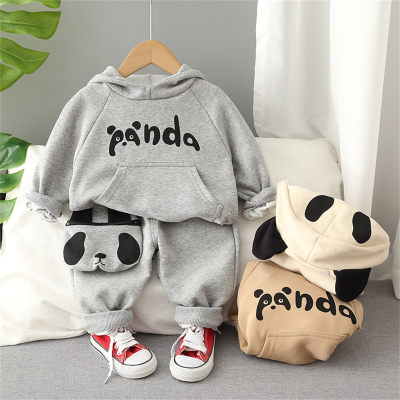 Felpa con cappuccio stampata con lettera da bambino in 2 pezzi e pantaloni stile panda