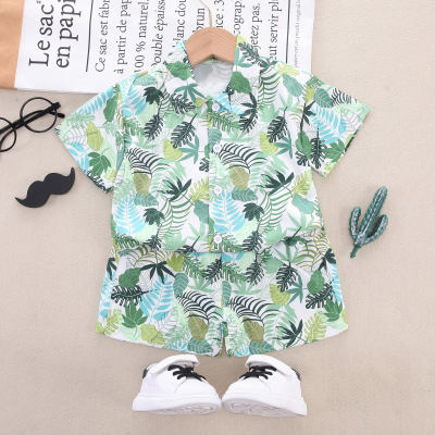 2-piece Toddler Boy Pure Cotton Allover Floral Printed Short Sleeve Shirt & Matching Shorts
