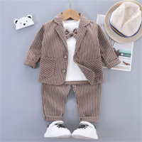 3-piece Toddler Boy Bowknot Decor Long Sleeve Top & Striped Jacket & Matching Pants  Brown