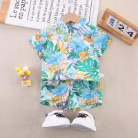 Camisa de manga corta con estampado floral de algodón puro para niños pequeños de 2 piezas y pantalones cortos a juego  Azul