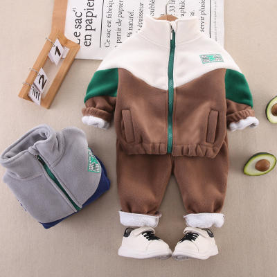 2-piece Toddler Boy Pure Cotton Color-block Patchwork Stand Up Collar Zip-up Jacket & Solid Color Pants