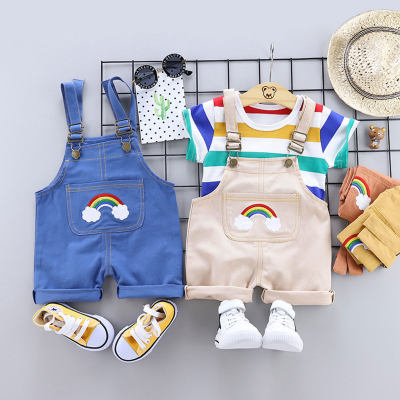 Top de rayas de manga corta para bebé niño y pantalones cortos con tirantes de arcoíris