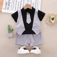 3-piece Toddler Boy Pure Cotton 2 in 1 Color-block Patchwork Short Sleeve Polo Shirt & Plaid Shorts  Black