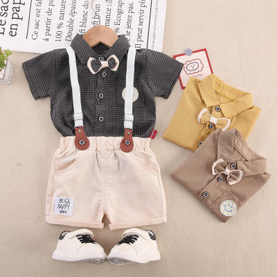 2-piece Toddler Boy Pure Cotton Plaid Bowtie Decor Short Sleeve Shirt & Matching Suspender Shorts