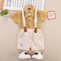2-piece Toddler Boy Pure Cotton Plaid Bowtie Decor Short Sleeve Shirt & Matching Suspender Shorts  Yellow