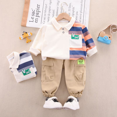 Toddler Boy 100% Cotton Color-block Button Front Long Sleeve Polo Shirt & Solid Color Cargo Pants