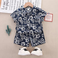 Camisa de manga curta com estampa floral estampada floral de algodão puro de 2 peças para meninos e shorts combinando  Azul marinho