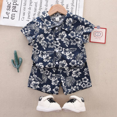 2-piece Toddler Boy Pure Cotton Allover Floral Printed Short Sleeve Shirt & Matching Shorts
