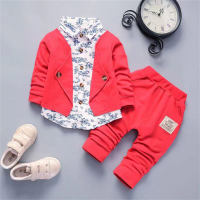 Estilo popular de primavera para bebés y niños pequeños, chaleco falso de tres piezas de porcelana azul y blanca con estampado completo, traje de manga larga  rojo