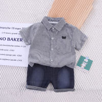 2-piece Toddler Boy Pure Cotton Striped Bear Embroidered Short Sleeve Shirt & Denim Shorts  Gray