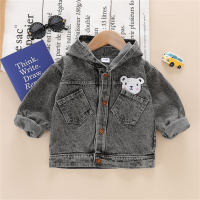 Baby Letter Bear Printed Hooded Denim Jacket  Deep Gray
