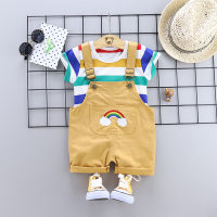Baby Boy Short-sleeve Striped  Top And Rainbow Suspenders Shorts  Yellow