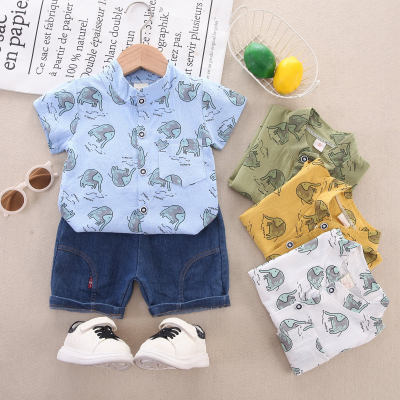 2-piece Toddler Boy Allover Elephant Printed Short Sleeve Shirt & Denim Shorts