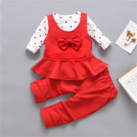3-piece Toddler Girl Polka Dot Print Top & Solid Color Bow Embellish Sleeveless Top & Matching Pants  Red