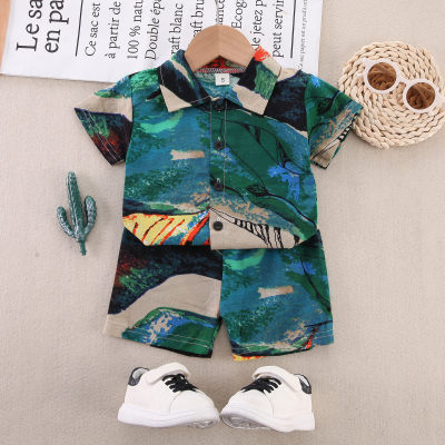 2-piece Toddler Boy Pure Cotton Allover Printing Short Sleeve Shirt & Matching Shorts