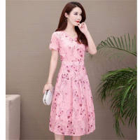 Cross-border popular mid-length floral dress, slim waist A-line skirt, fashionable and age-reducing women's clothing, new women's skirt  Pink