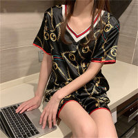 Pajamas for women summer ice silk v-neck thin sexy home clothes summer sweet and cute short-sleeved shorts two-piece suit  Black