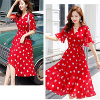 Women's short sleeve polka dot dress  Red