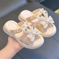 Children's Slippers Summer Internet Celebrity Cartoon Cute Non-Slip Soft Sole Princess Bow Pearl String Slippers for Large, Medium and Small Children  Beige