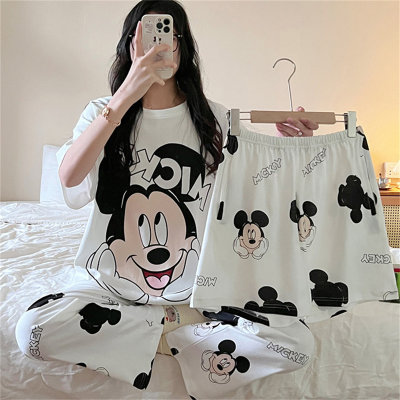 Pijamas de tres piezas de Mickey para mujer, conjunto de ropa de verano holgado de manga corta para Estudiante Coreano de talla grande, se puede usar fuera del hogar
