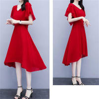 Women's solid color irregular temperament twisted silk dress  Red