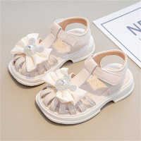 Baotou Sandals with Bow Cartoon Velcro Cute and Sweet Girls Beach Shoes  Beige