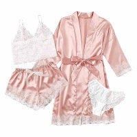 Ensemble pyjama 4 pièces pour femmes, cardigan fin en imitation soie, couleur unie, pour adultes  Rose
