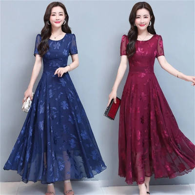 Cross-border short-sleeved printed dress for women 2023 summer new Korean style temperament waist-length floral long skirt