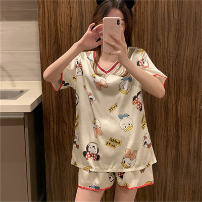 Pajamas for women summer ice silk v-neck thin sexy home clothes summer sweet and cute short-sleeved shorts two-piece suit