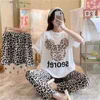 Pijamas de tres piezas de Panda para mujer, conjunto de ropa de verano holgado de manga corta para estudiantes coreanos de talla grande, se puede usar fuera del hogar  Leopardo