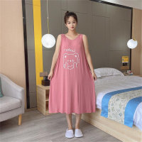 Große Größe 300 Catties locker lässig vielseitig knielang ärmellos V-Ausschnitt Weste Pyjama Kleid  Rosa