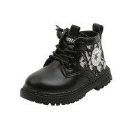 Toddler Girl PU Leather Houndstooth Pattern Lace-up High-top Wool-lined Boots  Black