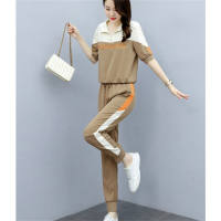 Women's sports color matching fashion ankle pants suit  Coffee
