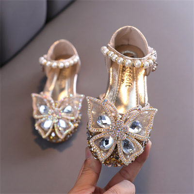 Children's butterfly rhinestone princess style leather shoes