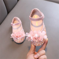 Sapatos infantis de couro estilo princesa com flores  Rosa