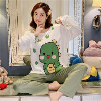 Pajamas for women dinosaur long-sleeved trousers simple loose round neck home wear plus size suit for women  White