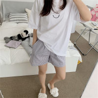 Summer new short-sleeved pajamas for girls summer students cute plaid round neck home wear set  Gray