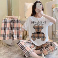 Mickey three-piece pajamas for women summer short-sleeved loose Korean student large size ins can be worn outside home clothes set  Khaki