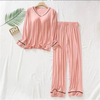 Women's 2-piece long-sleeved solid color thin pajamas set  Apricot