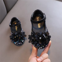 Sapatos infantis de couro estilo princesa com flores  Preto