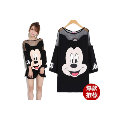 Camiseta de manga corta transparente de malla Mickey para mujer