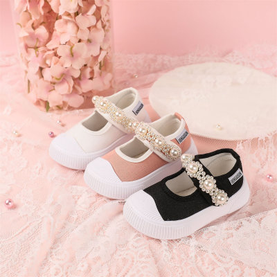 Toddler Girl Pearl Decoration Velcro Canvas shoes