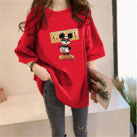 Camiseta feminina do Mickey Mouse com meia manga solta  Vermelho