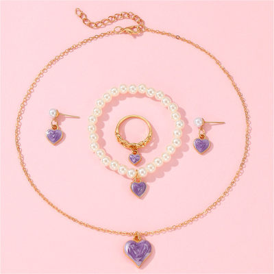 4 pcs Girls' Heart Shape Pearl Decor Jewelry Set