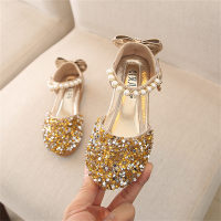 Children's sequined princess style leather shoes  Gold-color