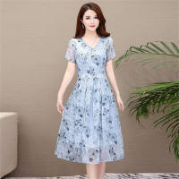 Cross-border popular mid-length floral dress, slim waist A-line skirt, fashionable and age-reducing women's clothing, new women's skirt  Blue