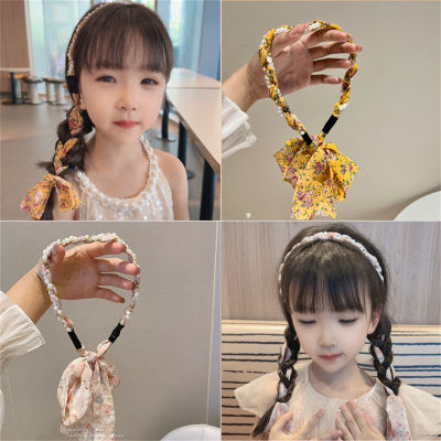 Toddler Children's braided hair ribbon headband female pearl floral headband scarf