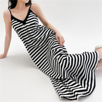 300 Jin Large Size Loose Striped Design V-Neck Sleeveless Suspender Pajama Dress  Blue
